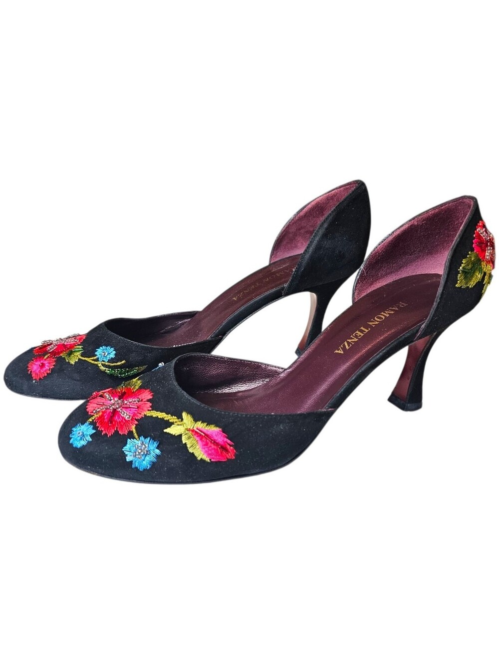 Ramon Tenza Beaded Floral Embroidered Black D'Orsay Pumps